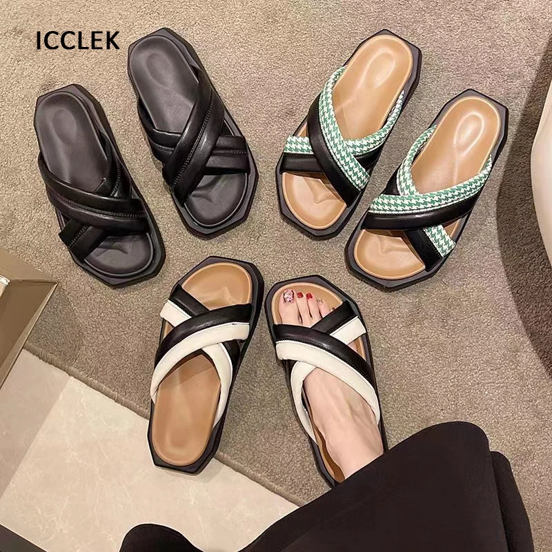 

Women Slippers Summer Outdoor Mixed Color Thick Bottom ladies Slides Cross Woven Square Head Sandals Platform Beach Shoes