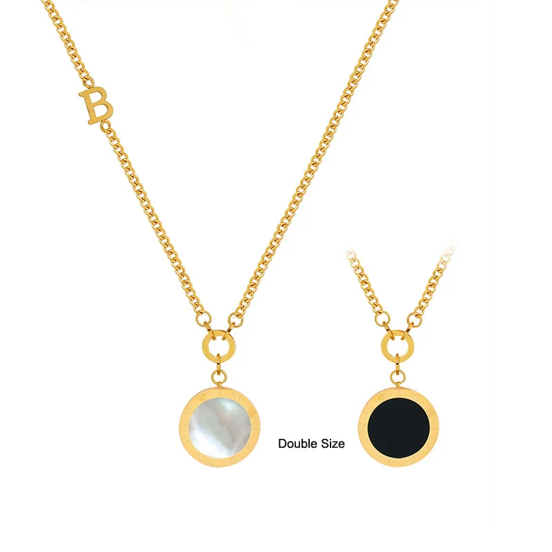 

Europe and America Luxury Roman Black and White Double Side Sweater Necklace Stainless Steel Plated 18K Gold Jewelry