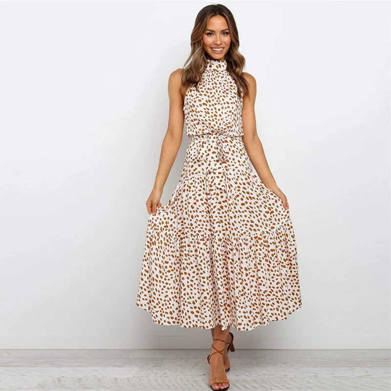 

Bohemian Strapless Dress with Dots Floral Petite Halter Neck Waist Belt Long Ruffle Print Loose Casual Summer Holiday Cut Out