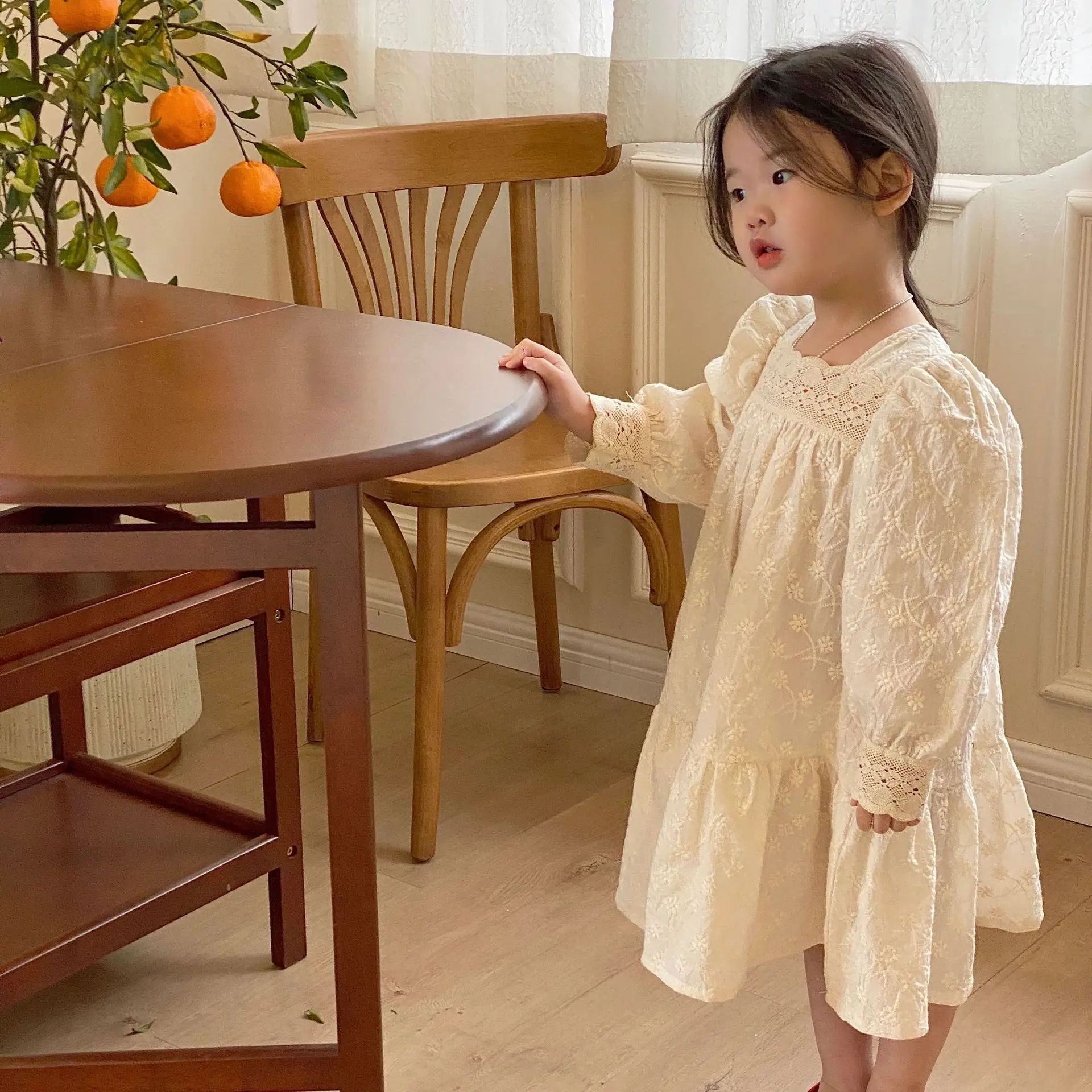 

2022 Spring Autumn Girls Fashion Embroidery Long Puffy Sleeve Dress