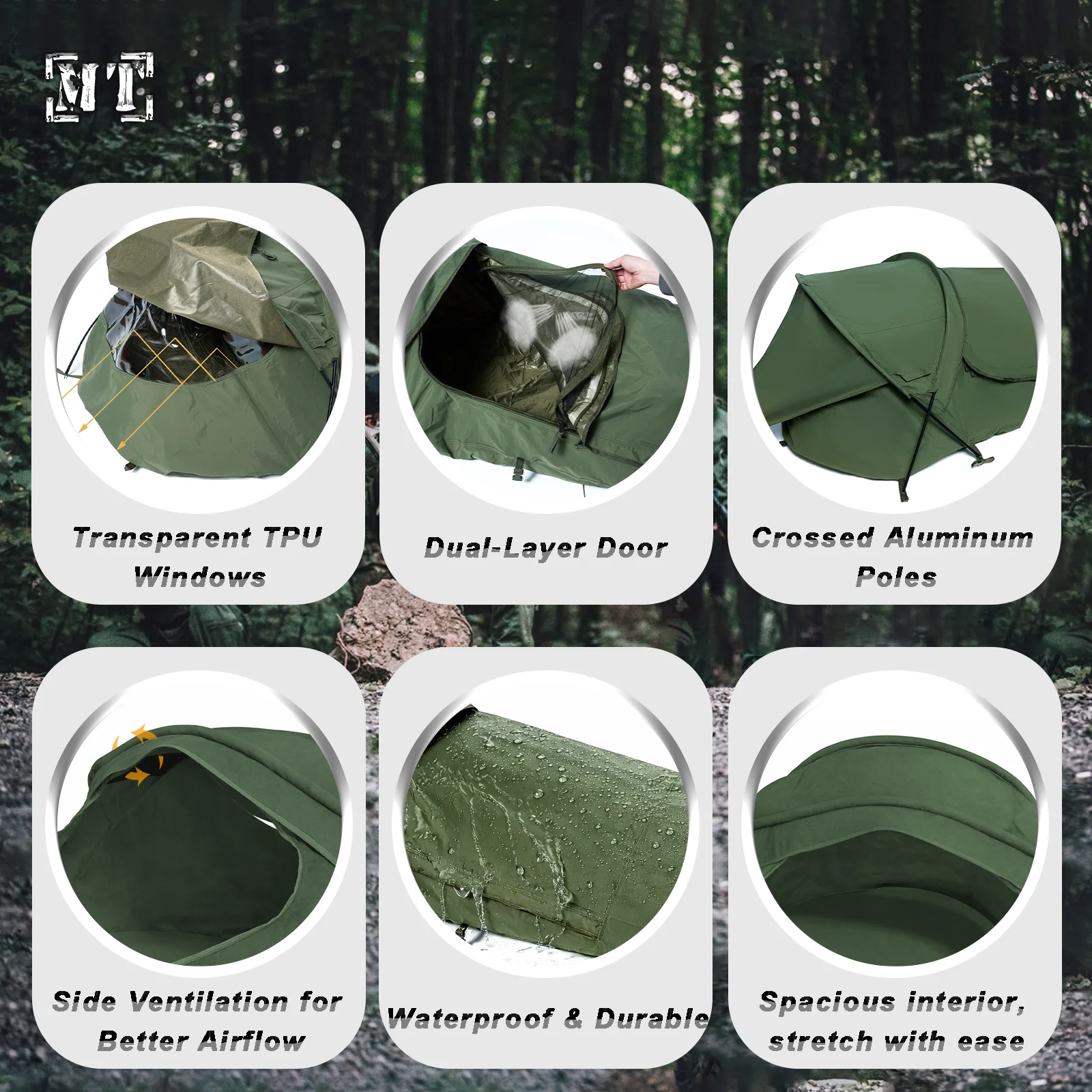 Фото Тактовое укрытие, палатка Bivy для одного человека, компактная водонепроницаемая спальная система оливкового краба с сеткой от насекомых и Windows из ТПУ №5