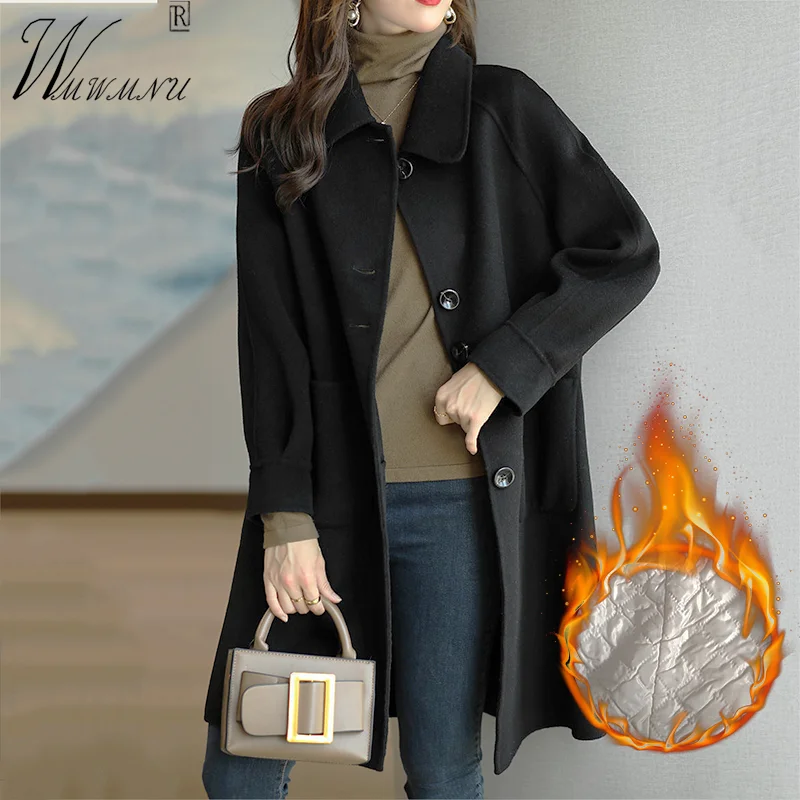 

Winter Thick Woolen Blend Black Coat Women Korean Fashion Turndown Collar Warm Overcoat Loose Basic Elegant Oversized Outwear