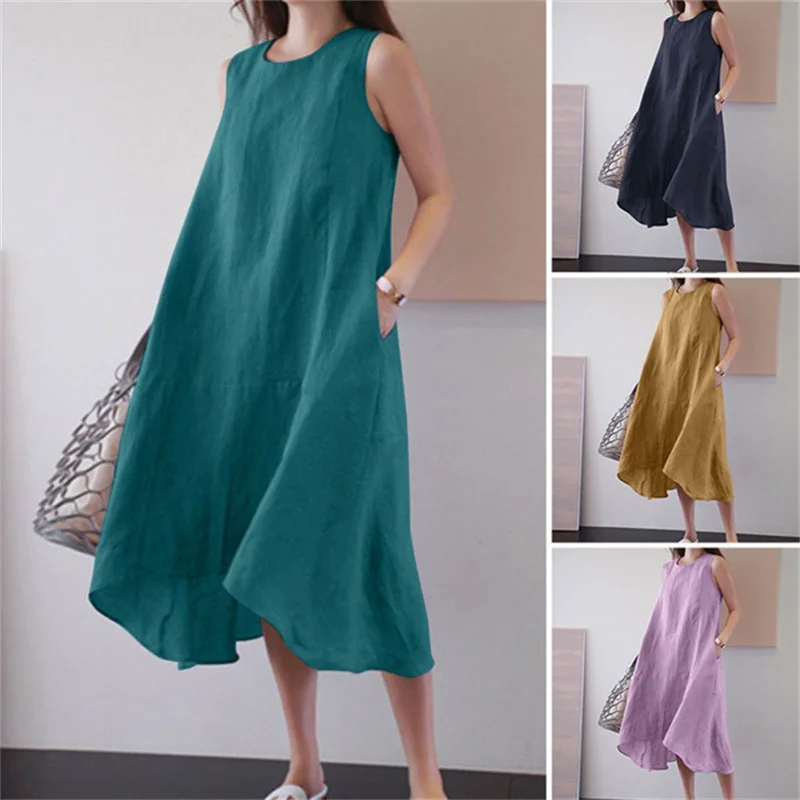 

Women Casual Dresses Summer Fashion Sleevless Round Neck Cotton Linen Mid-calf Long A Line Skirts Beach Cover Up With Pocket New