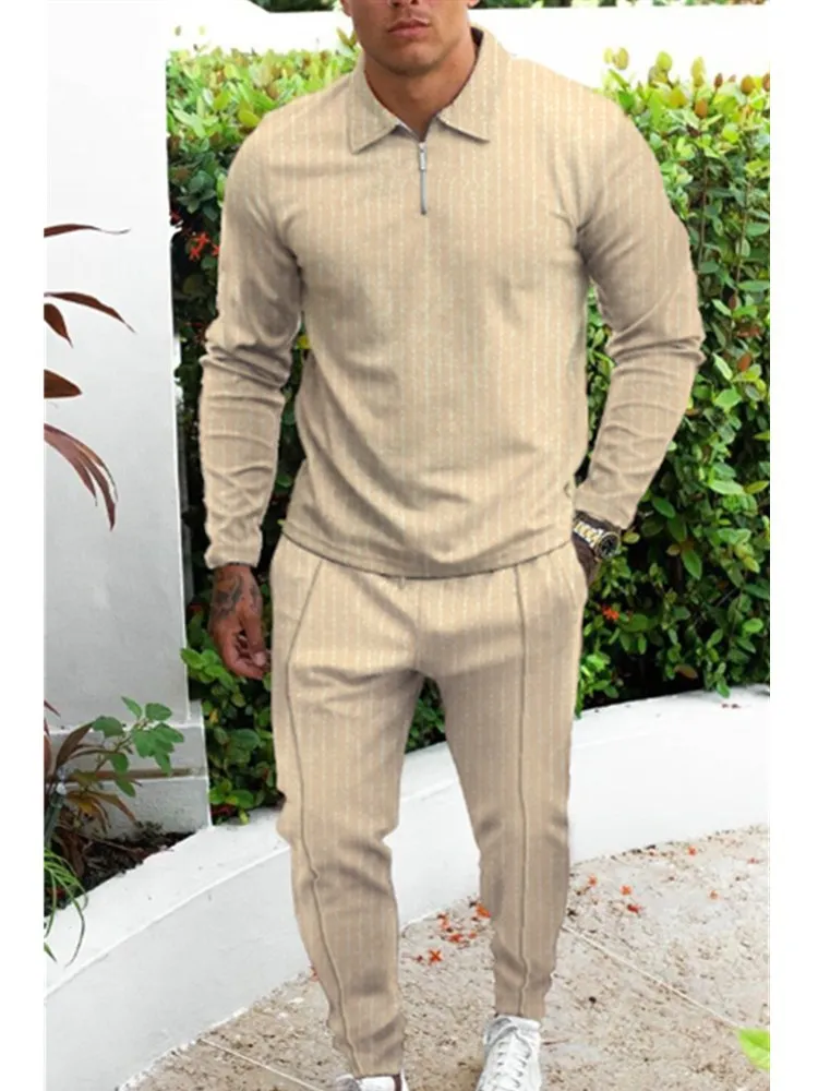 Spring and Autumn men's suit series solid color lapel long sleeve polo shirt + pants 2 pieces street pleated casual fashion suit