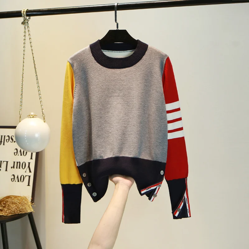 

Очень волшебный свитер, Свободный пуловер с круглым вырезом и цветными блоками, вязаная нижняя рубашка, Женский Топ в иностранном стиле