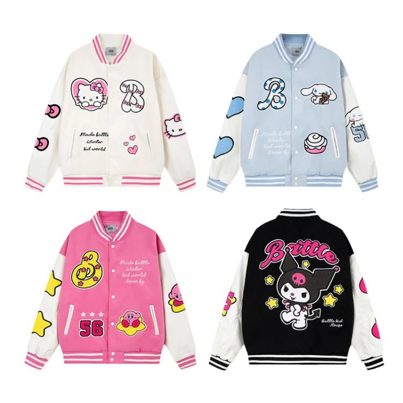 

Sanrio Kawaii Hello Kitty бейсбольная форма Cinnamoroll Милая мультяшная вышитая куртка студенческая мода свободная повседневная универсальная куртка