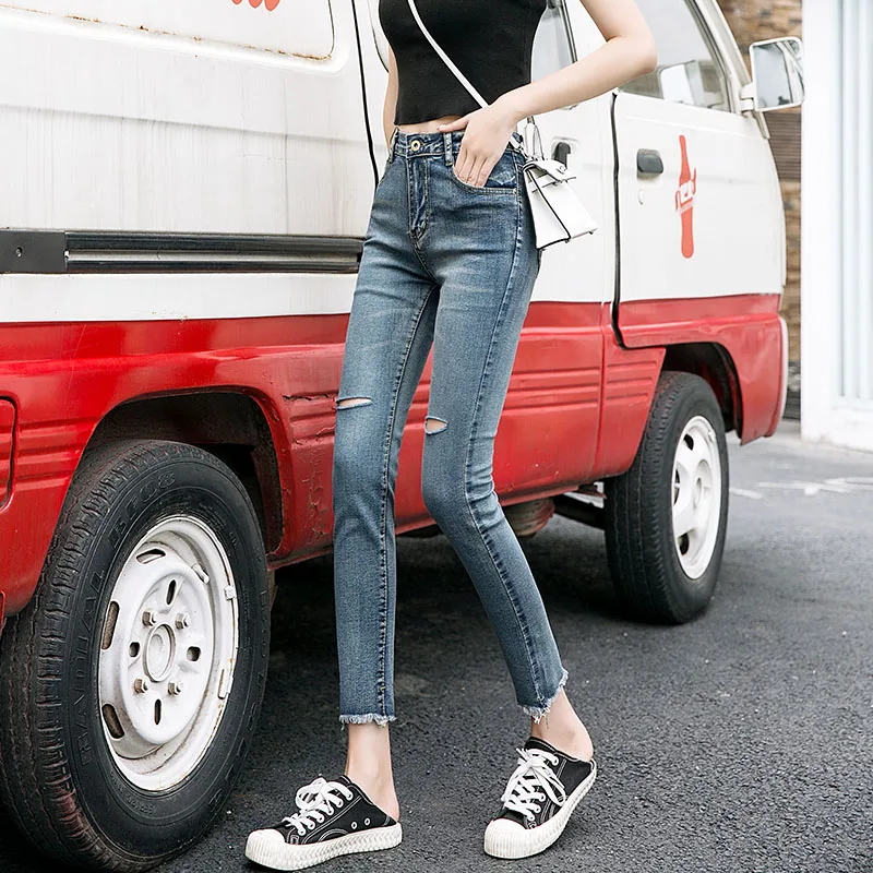 High Waisted Skinny Jeans for Women 2021 Summer Fashion Ripped Clothing Office Ladies Slim Fit Pencil Denim Pants Femme Trousers