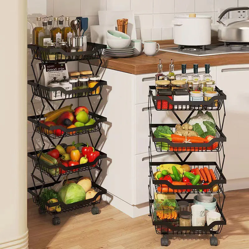 

Foldable Mobile Practical Kitchen Living Room Bathroom Fruit And Vegetable Floor Multi-functional Storage Basket Storage Rack