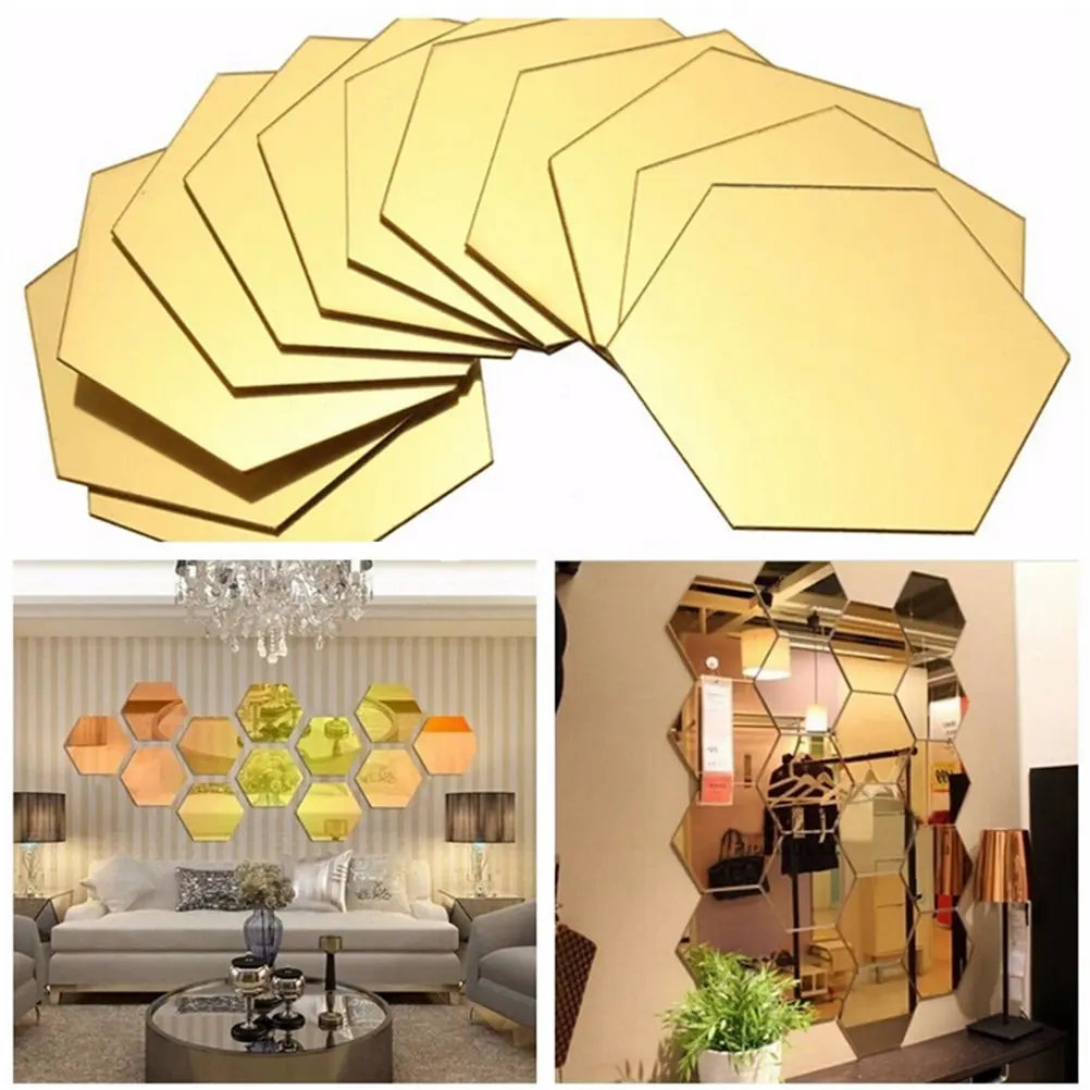 

12pcs/set Hexagon Mirror Wall Sticker Gold Silver Acrylic Crystal Stereo Mirror Sticker Diy Bedroom Living Room Sticker