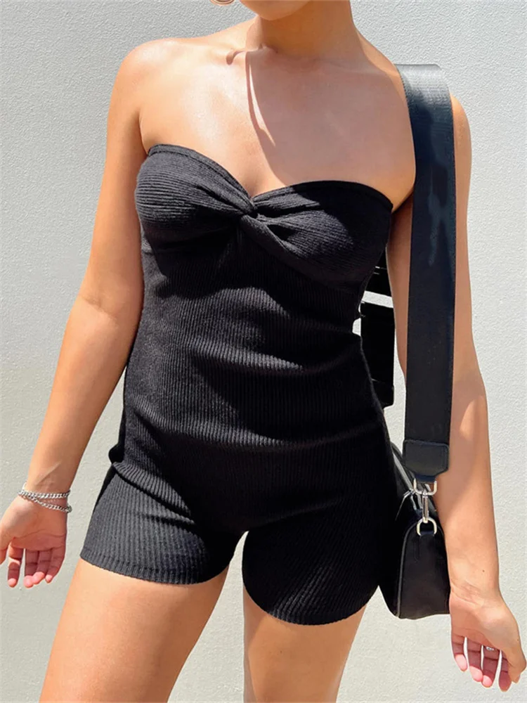 

CHRONSTYLE Knitted Ribbed Women Playsuits Summer Strapless Off Shoulder Black Solid Slim Fit Jumpsuits Causal Biker Shorts 2023