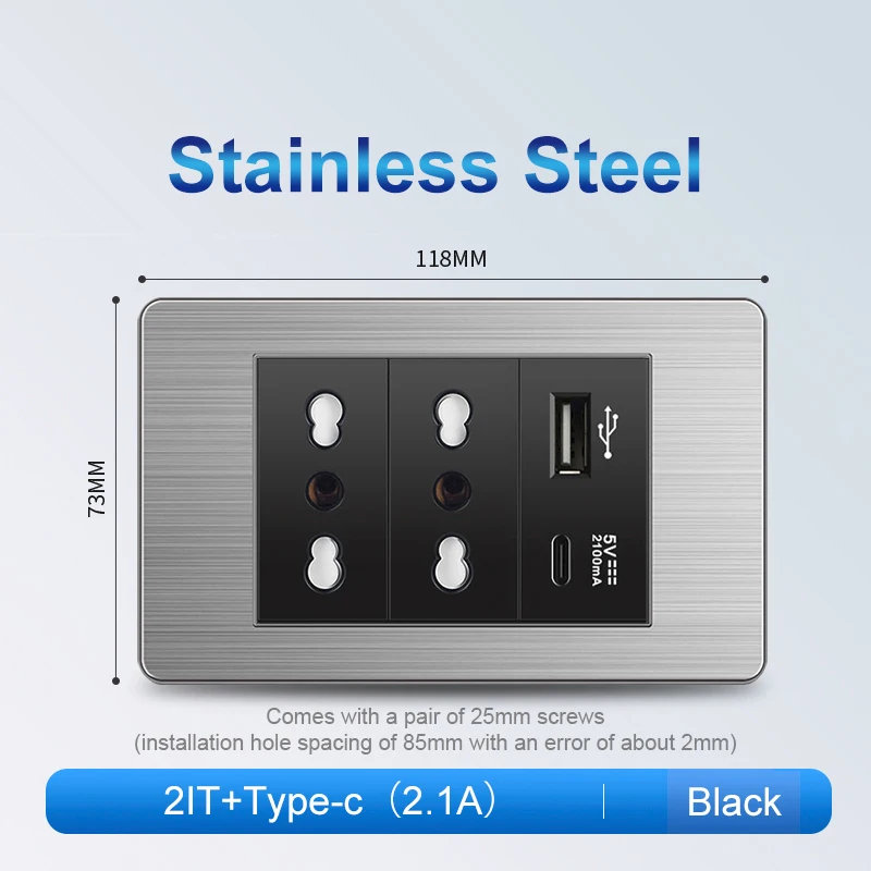 Евророзетка из нержавеющей стали Элегантная черная стандарт Италии Type-C ЕС