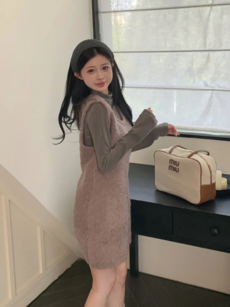 Элегантное круглое меховое фиолетовое платье-жилет во французском стиле женское