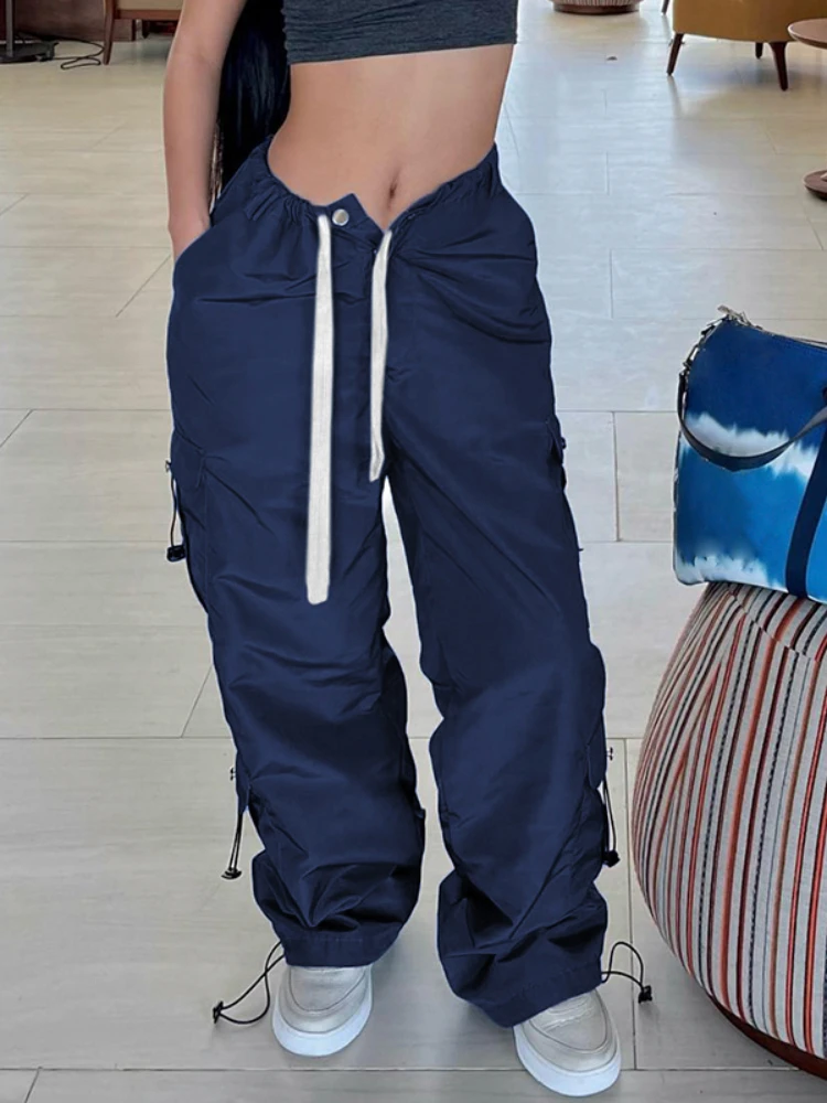 

WeiYao Casual Baggy Trousers Women Drawstring High Waist Pockets Cargo Pants Korean Fashion Streetwear Straight Leg Pant y2k