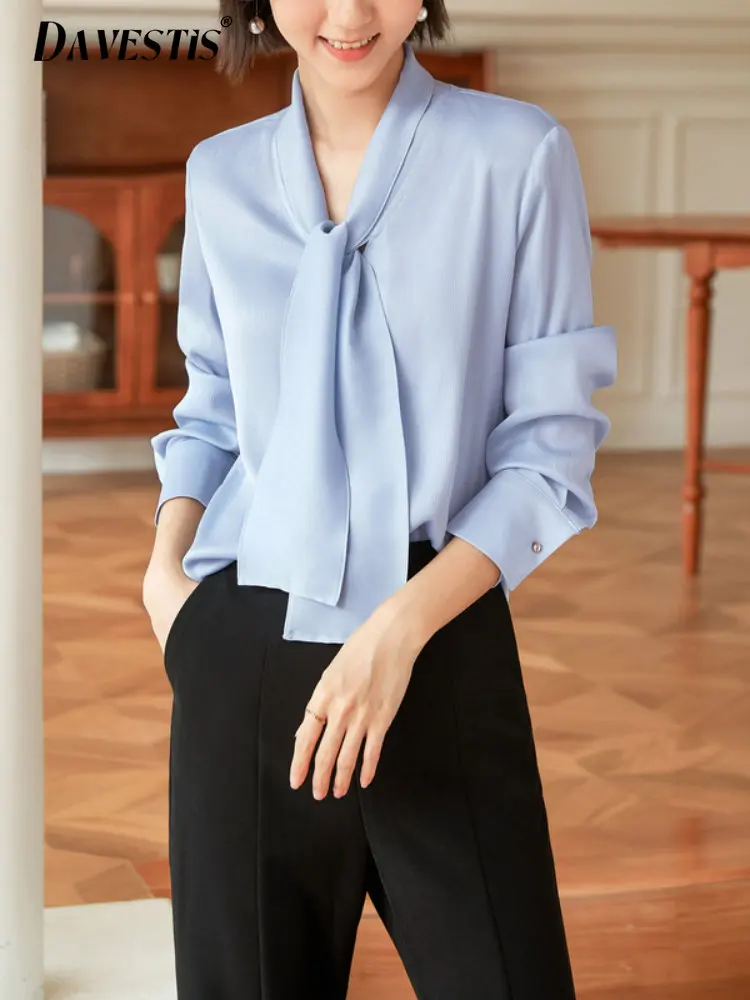 

2023 Spring Summer Chiffon Blue Commuter Shirt Elegant Social Women's Shirt Simple Exquisite Ladies Office Long Sleeve Shirt