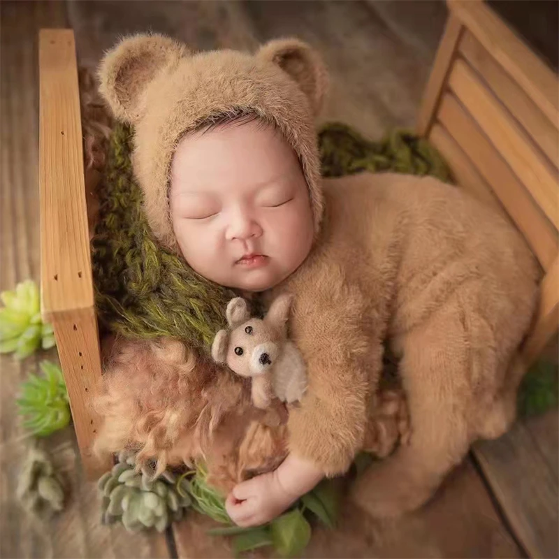 Furry Baby Bear Rompers Footed Jumpsuit Hat 2pcs Sets Mink Hair Infant Boy Girl Photography Clothing Costumes Photo Props