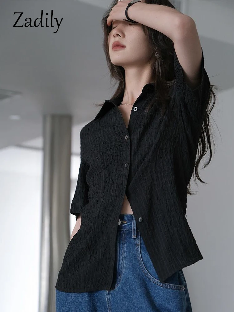 

Zadily Office Lady Short Sleeve Black Shirt Women Slim Button Folds Ladies Chiffon Blouse 2022 Summer Work Female Clothing Tops