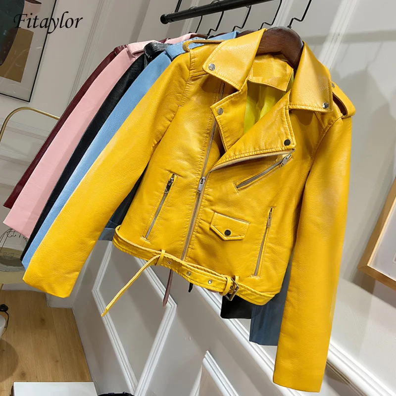 

Fitaylor Women Faux Leather Jacket Black Yellow Pink Motorcycle Biker Jackets Soft PU Short Leather Coat with Belt