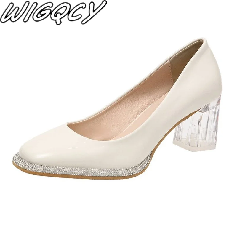 

Spring/Autumn Women Pumps Transparent Thick Heel Wedding Shoes Round Toe Rhinestone Slip-on High Heels Elegant Ladies Shoes 2022