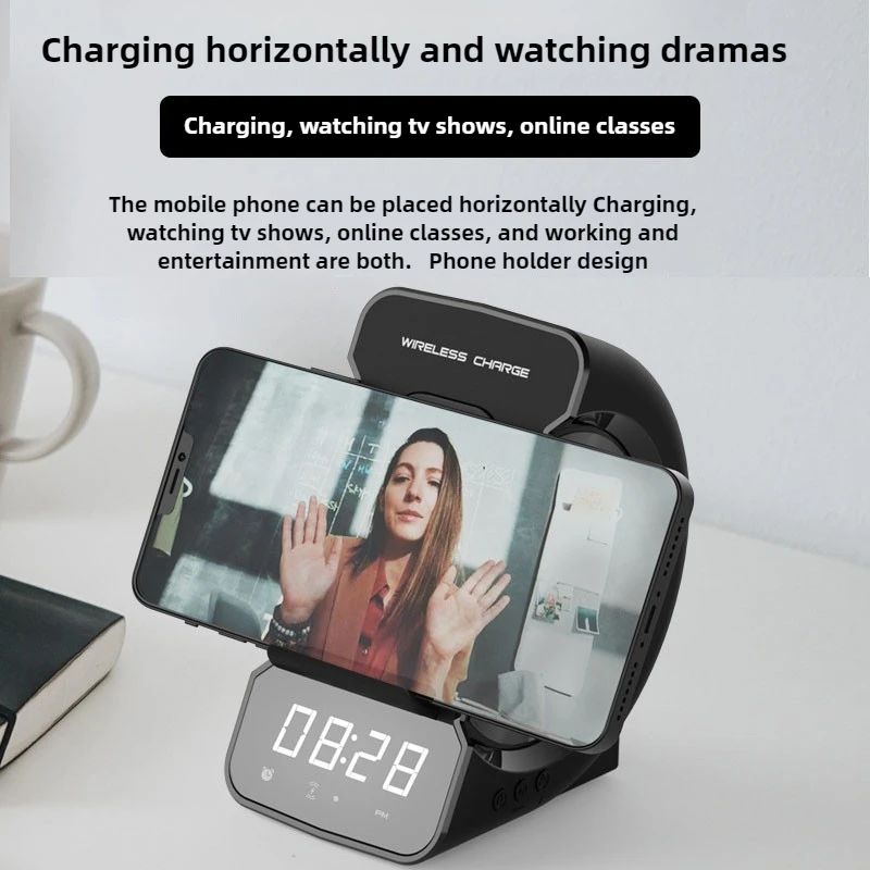 Фото Креативное беспроводное зарядное устройство, Bluetooth-динамик, будильник, дисплей, радиозарядная станция с держателем для телефона №1