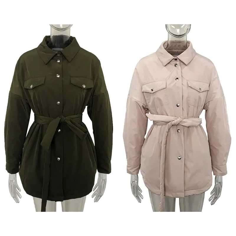 Spring Turn Down Collar Parkas Women Fashion Tie Belt Coats Women Elegant Single Breasted Cotton Jackets Female Ladies