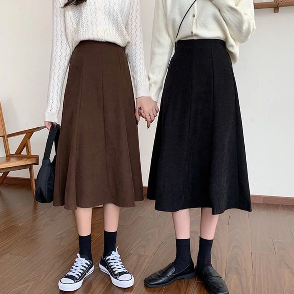 

Korean Style Black Brown Long Woman Elegant Vintage Skirt High Waist A-Line Solid Office Lady Autumn Winter Skirts 2022