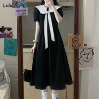 casual empire solid bow dresse turn down collar mid calf pullover polyester grace womens clothing 2022 summer new popularity