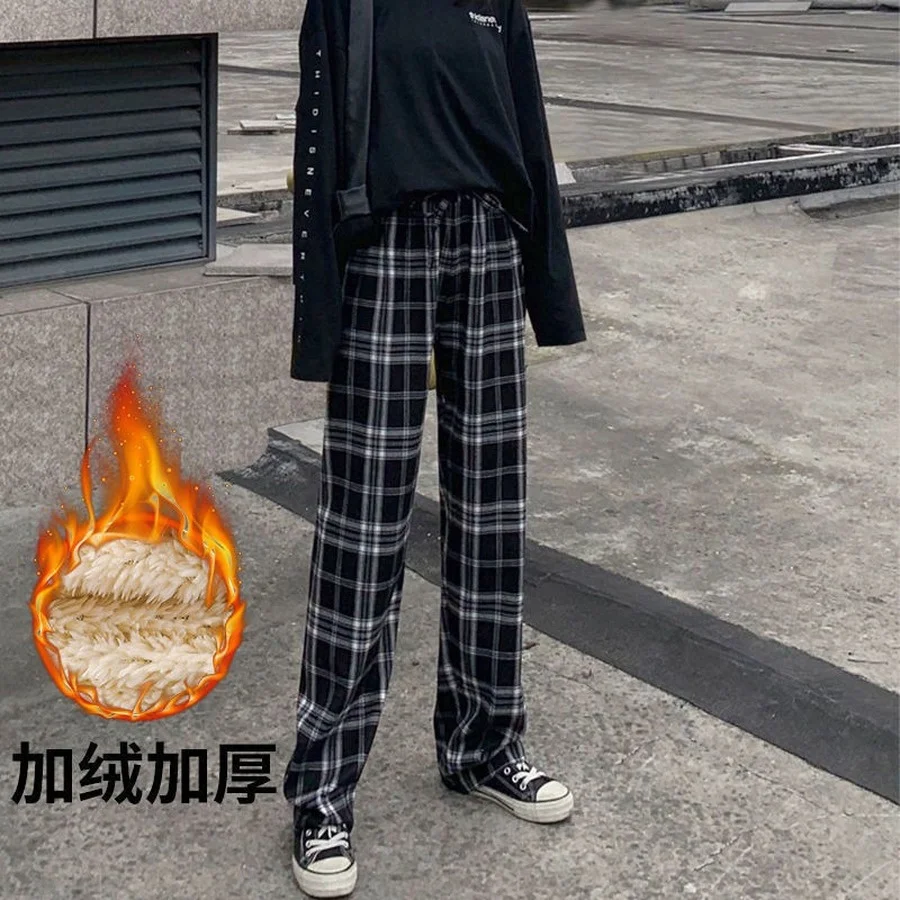 

Fashion Warm Plush Pants Thick Plaid Women Casual Loose Wide Leg Trousers Korean Streetwear Straight Ladies High Waist Trouser