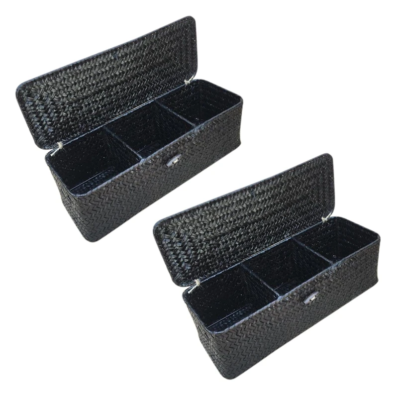 

2X 3 Compartment Storage Box Wicker Rattan Basket With Cover Sundries Holder Case Container Desktop Organizer