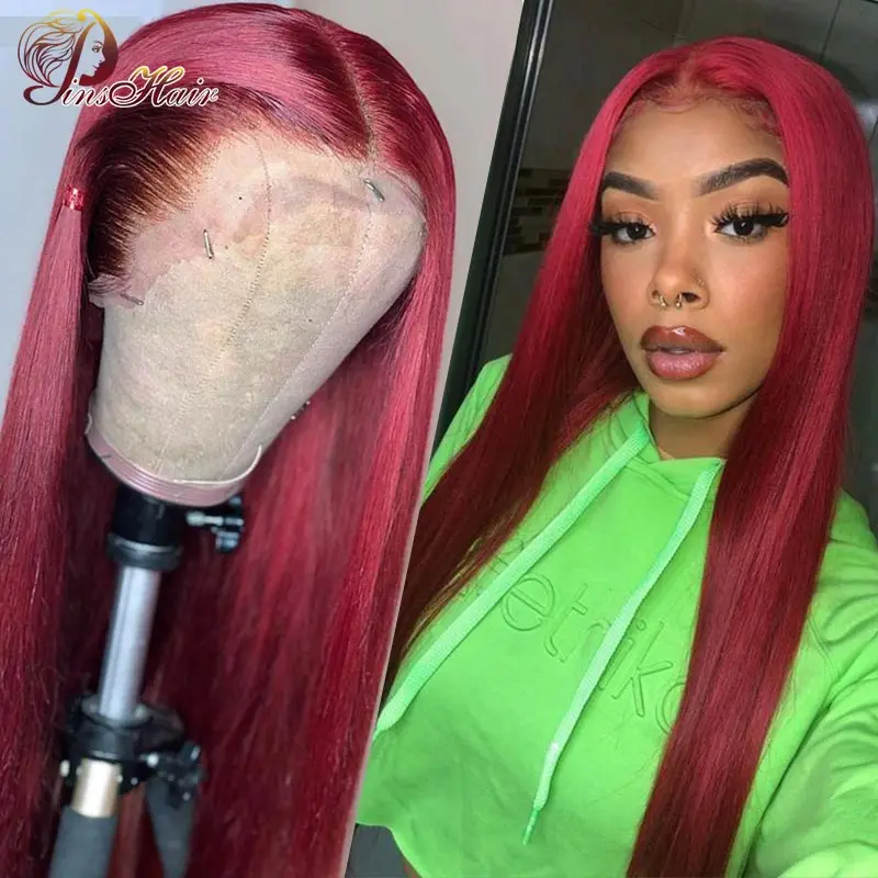 99J Red Lace Front Human Hair Wigs Brazilian Bone Straight Lace Frontal Wig Pre Plucked For Women Remy Human Hair 180% Density