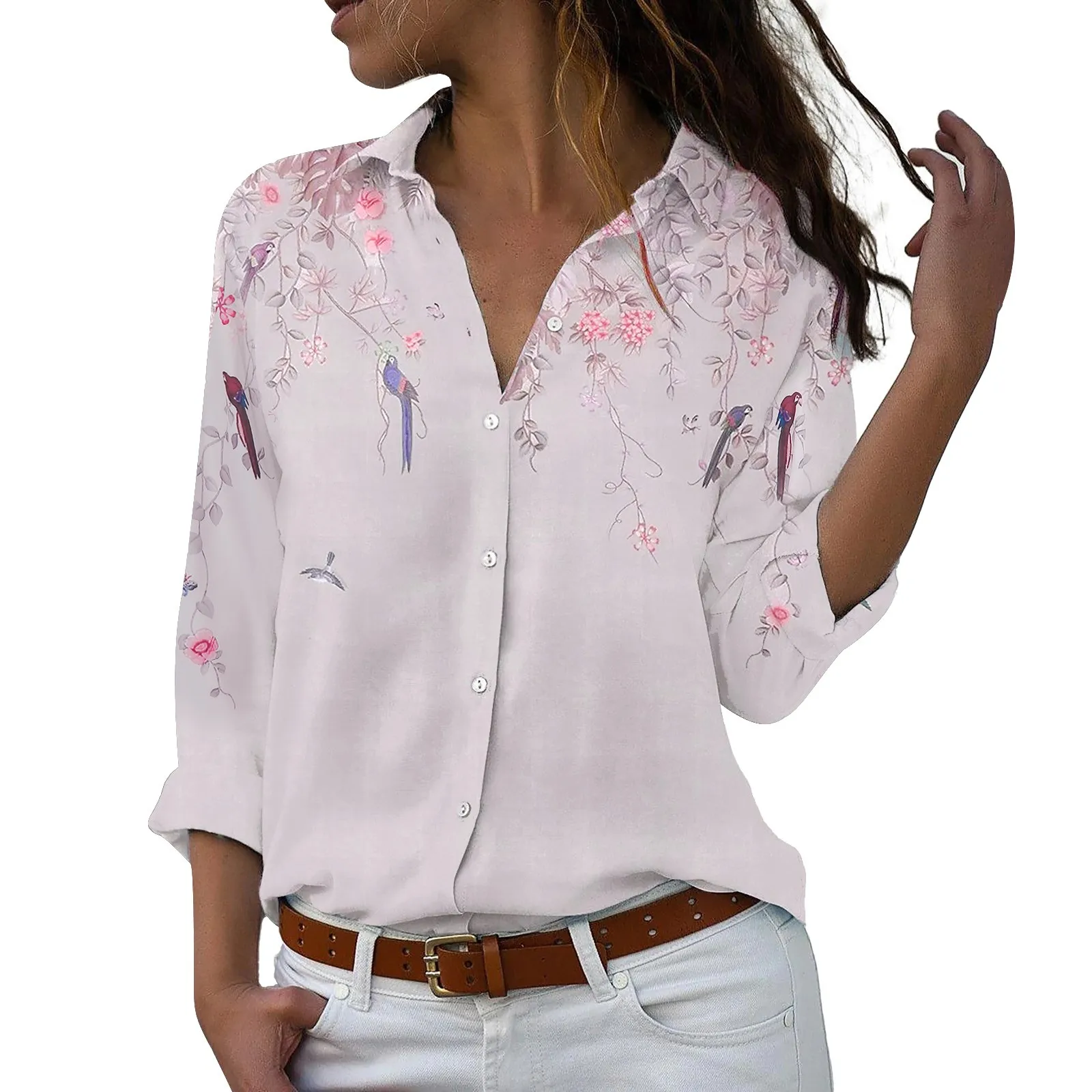 

Women's Floral Print T-Shirts Button Down Shirts Roll Up Sleeve Tops V Neck Collared Casual Work Tee Shirt Women Clothing 2022