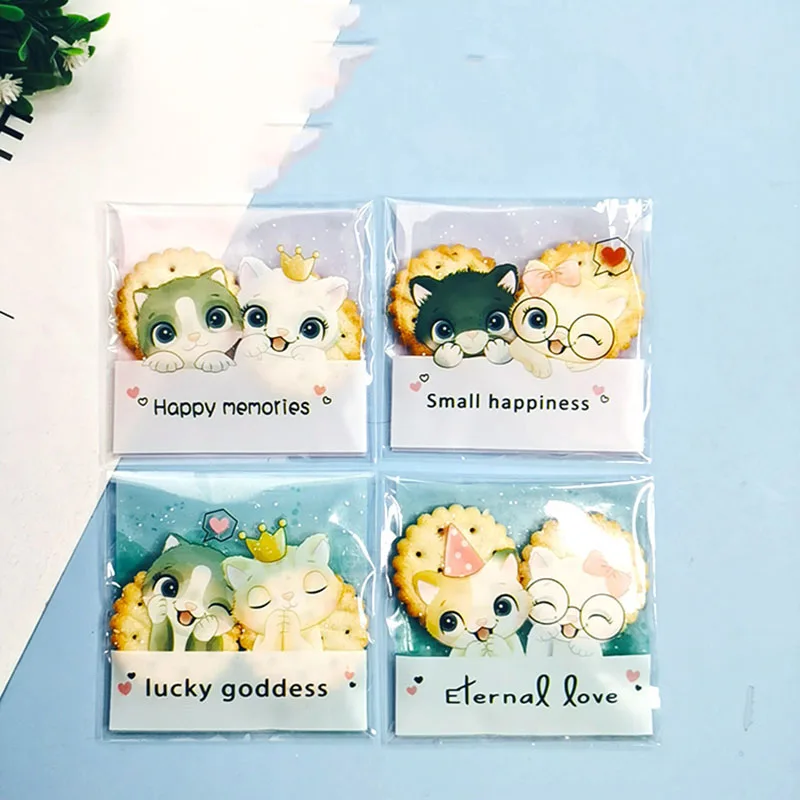 

AQ Cartoon Two kittens 4in1 Homemade Cookies Candy Cellophane Self Adhesive Packaging Bag Cute Crown Make A Wish Little Cat Bags