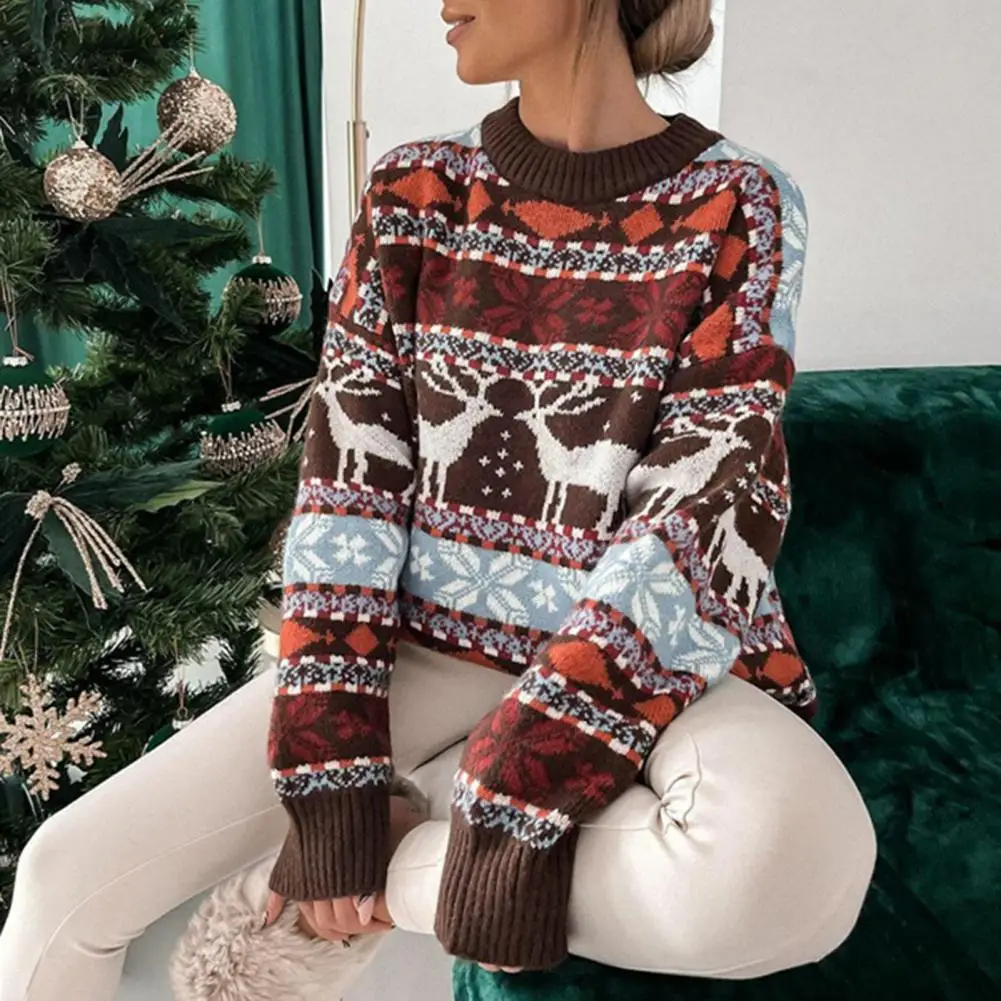 

Classic Pullover Sweater Crew Neck Stretchy Sweater Jumper Elk Snowflake Striped Print Festive Christmas Jacquard Sweater Top