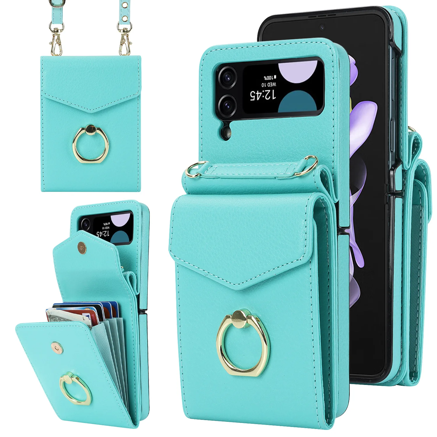 

Crossbody Lanyard Leather Case for Samsung Galaxy Z Flip 4 3 5G Flip4 Flip3 Geometric Credit Cards Slot Shockproof Back Cover