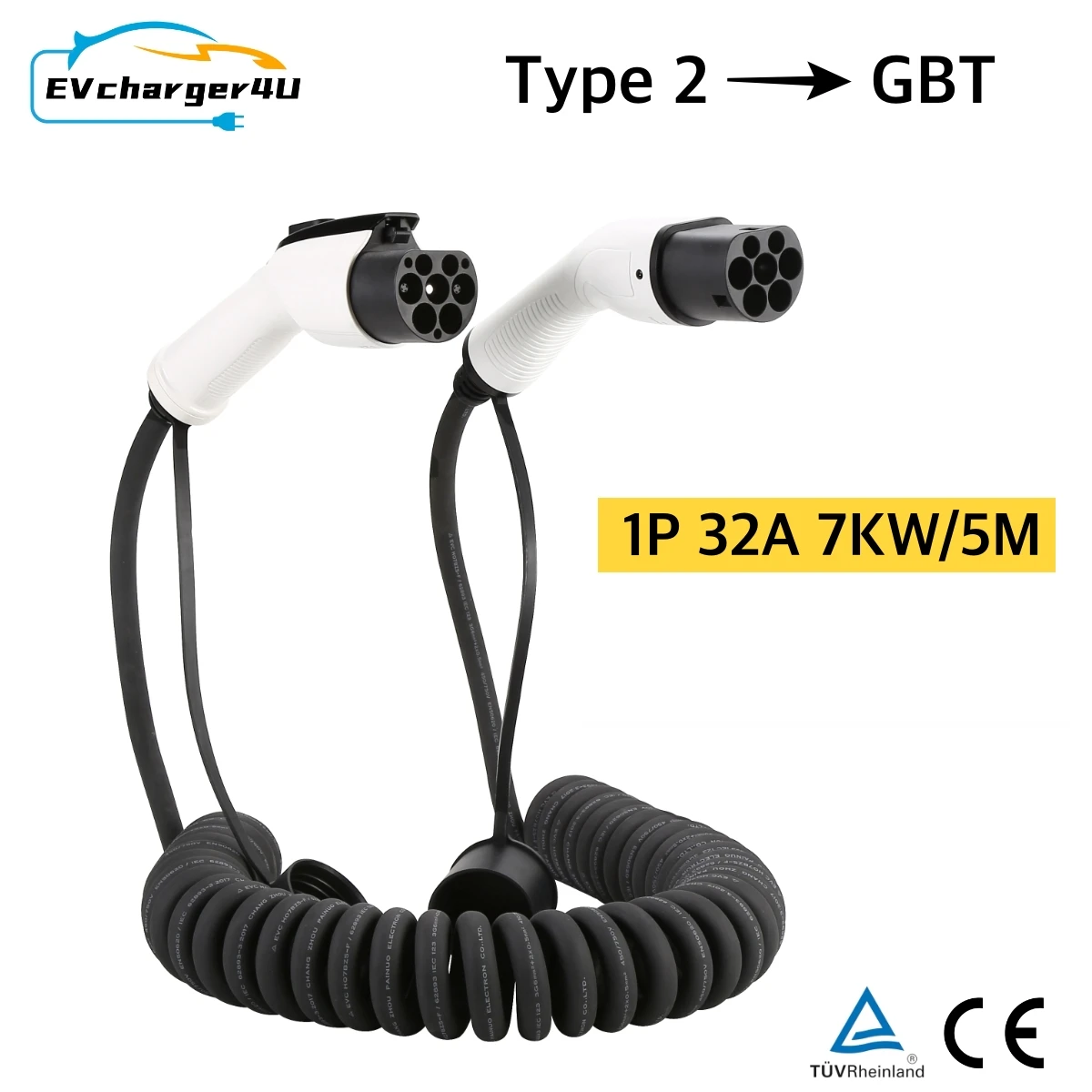 

EVcharger4U IEC62196 Тип 2–GBT Спиральный кабель для зарядки электромобилей 1 фаза/3 фазы 32A 5M Тип2 ГБ/T Спиральный кабель EVSE для китайских электромобилей