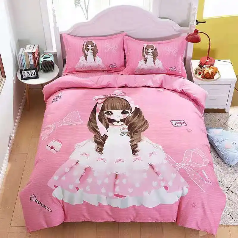 

Princess Home Textiles, Pink Blue Purple Yellow 4PC Cotton Bedding Set, Pillowcase+Quilt Cover+Sheet 3PC, Domitory Single Size