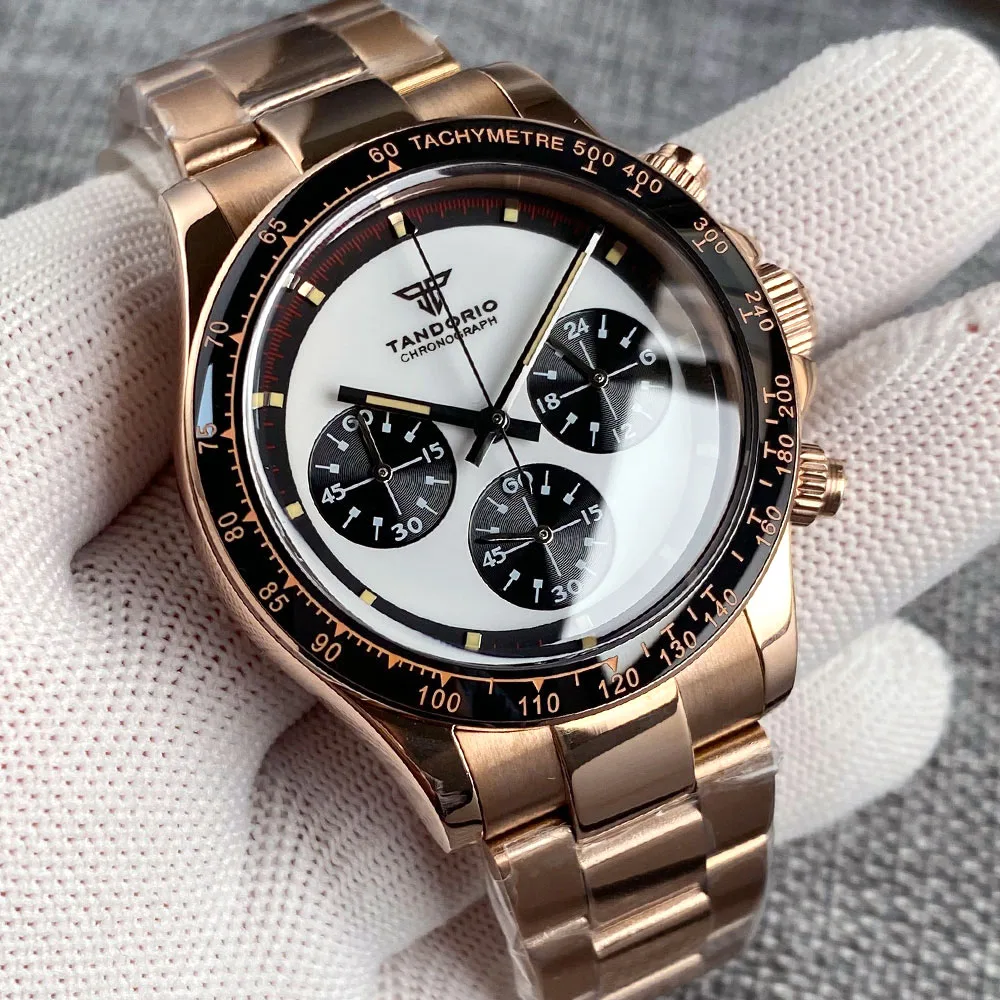 Tandorio Full Rose Golden Многофункциональные мужские кварцевые наручные часы Безель из