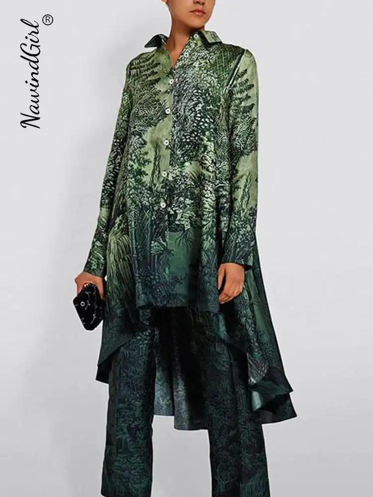 

Casual Printed Asymmetrical Two-piece Sets Female Lapel Button Hem Shirt Straight Pants Retro Suits 2023 Elegant Office Outfits