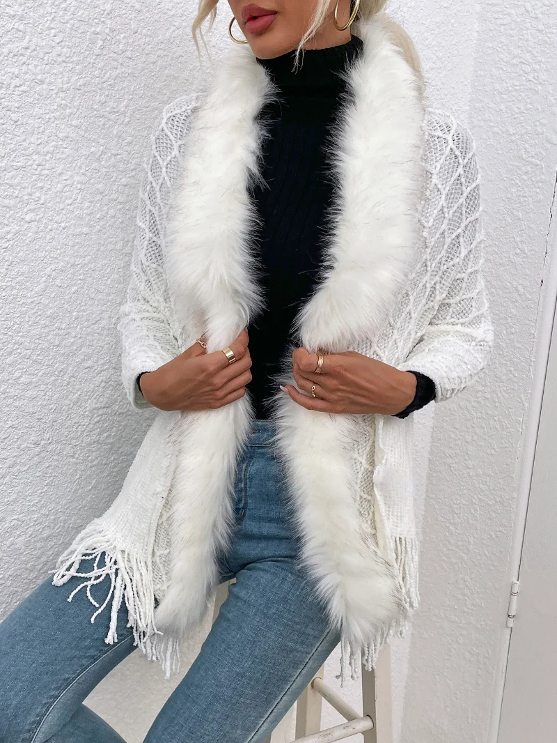 Black Solid Knitted Y2K Cardigan Fur Trim Elegant Fashion Sweaters Women Long Sleeve Slim Autumn Winter Jackets Outwear Fur Coat