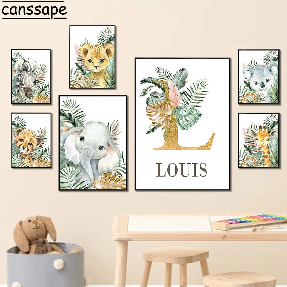 

Custom Name Poster Animal Wall Art Prints Elephant Canvas Painting Leaf Print Pictures Nursery Wall Posters Baby Room Decoration
