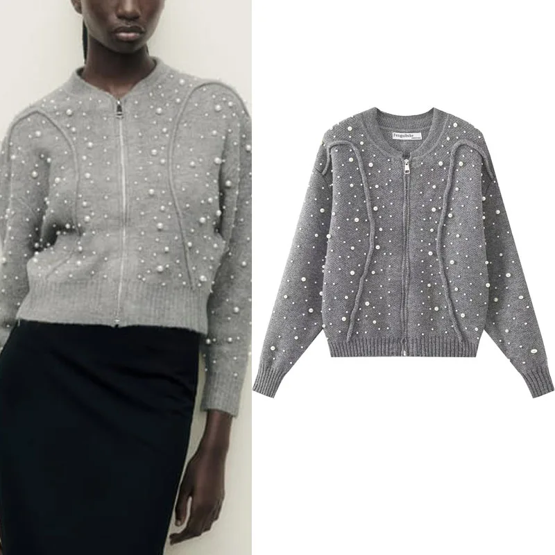 

Куртка-бомбер женская трикотажная с круглым вырезом и жемчужинами, на молнии