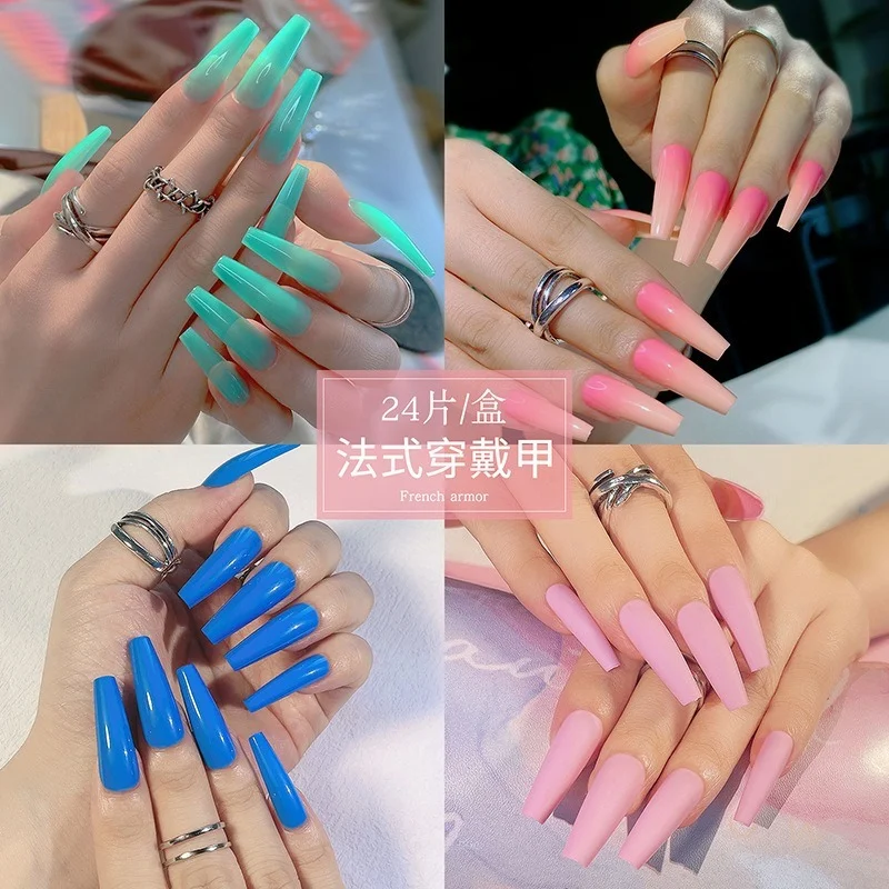 

2022 24PCS Solid Color Gradient Super Long Ballet Nail Fake Nail Press on Nails Patch Wearable Nails Full Coverage of Long Nails