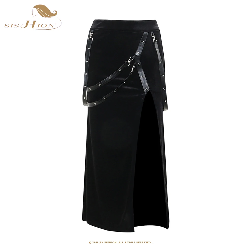 

2023 Harajuku Gothic Black Velvet Sheath Skirt High Split Belt Vintage Grunge Punk Aesthetic Women Long Skirts With Belt SR472