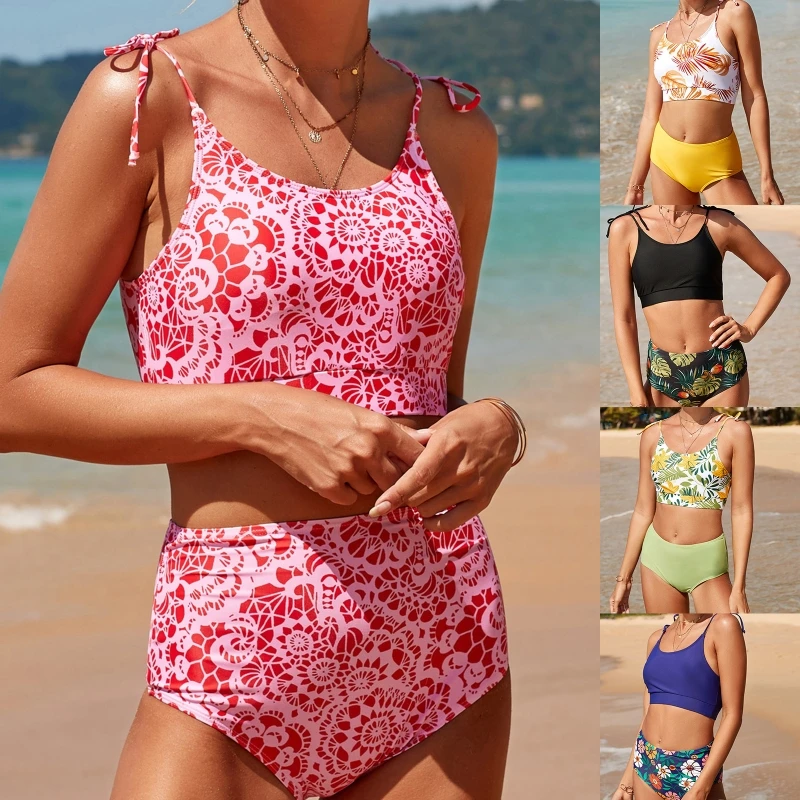 

Two Pieces Swimsuit U Shape Backless Print Swimsuit Women Bathing Suits