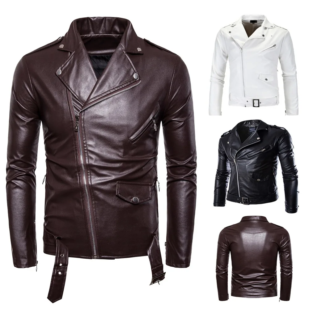 

New Fashion Men's PU Leather Motorcycle Biker Jacket Male Slim Fit Buckle Belt Zipper Sleeves Incline Ziplock Lapel Jackets Coat