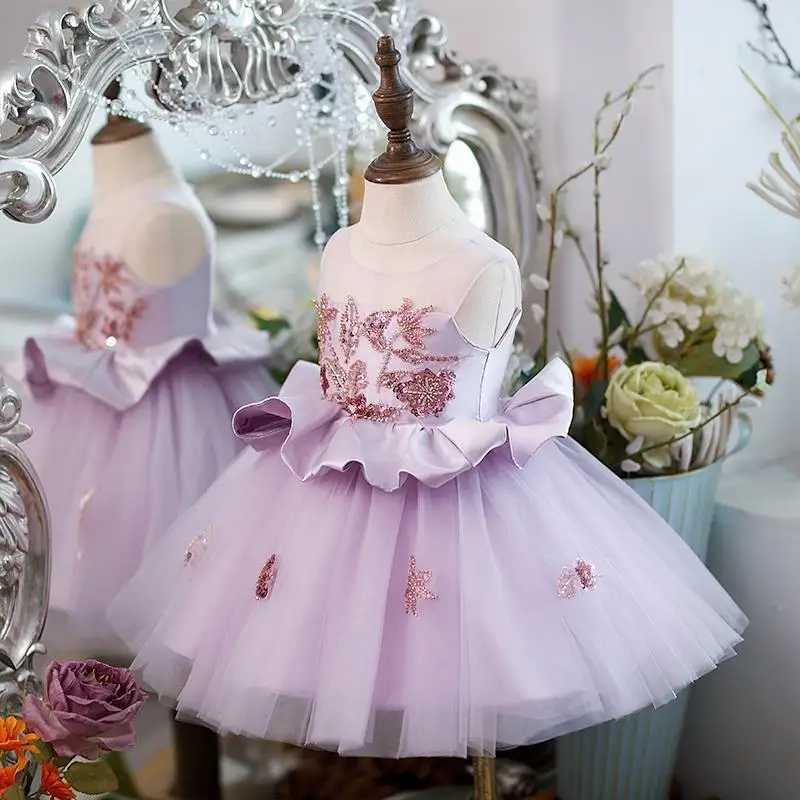 

Mesh Design Ball Gown Princess Vestidos Slim Waist Sleeveless Kids Birthday Party Dresses Appliques Ruffles Flower Girls Dress