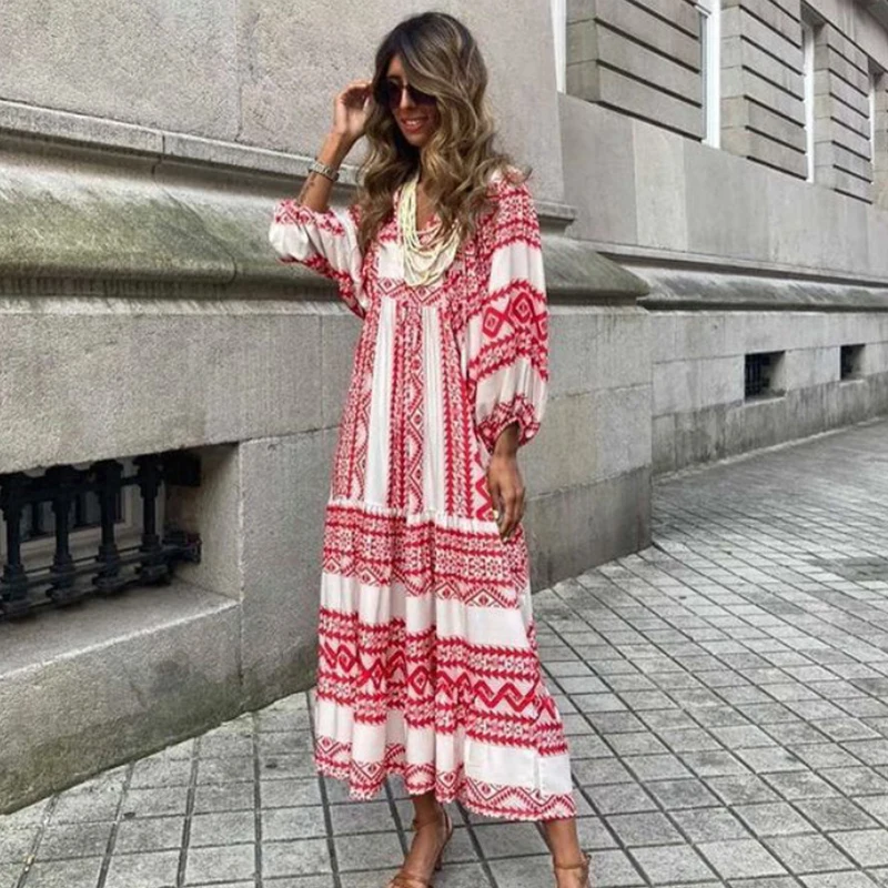 Women Dress Summer Puff Sleeve Boho V Neck Printing Long Dress Loose Holiday Beach Female Casual Floral Dresses Party Vestidos