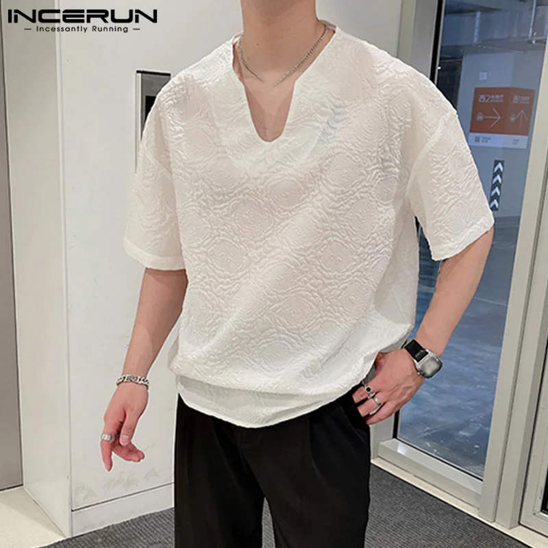 

INCERUN 2023 Men T Shirt V Neck Short Sleeve Summer Loose Korean Style Men Clothing Solid Streetwear Casual Male Tee Tops S-5XL