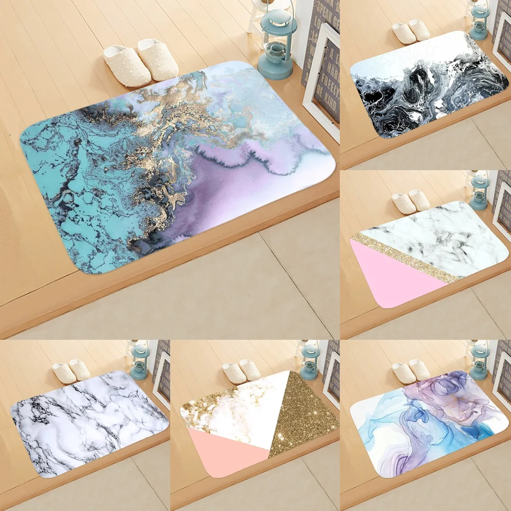 

Turquoise Marble Bath Mat Colorful Art Non-Slip Rug Flannel Floor Decor Bathroom Kitchen Entrance Pink Gold Carpet Doormat Home