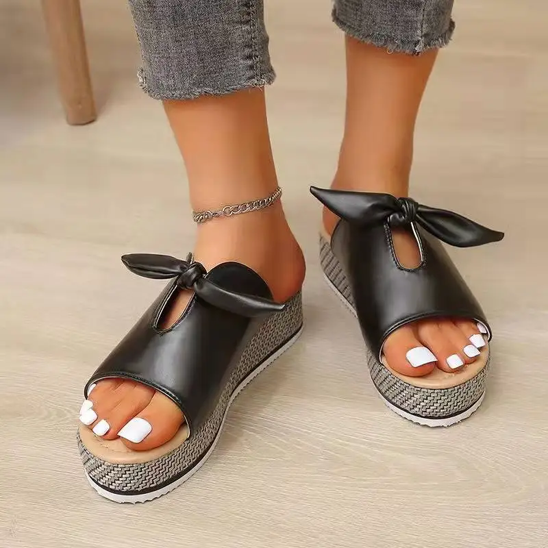 2022 Summer Slippers Women Sandals Leisure Fashion Shoes Bow Flat Sandals Comfortable Soft Bottom Women Breathable Beach Sandals