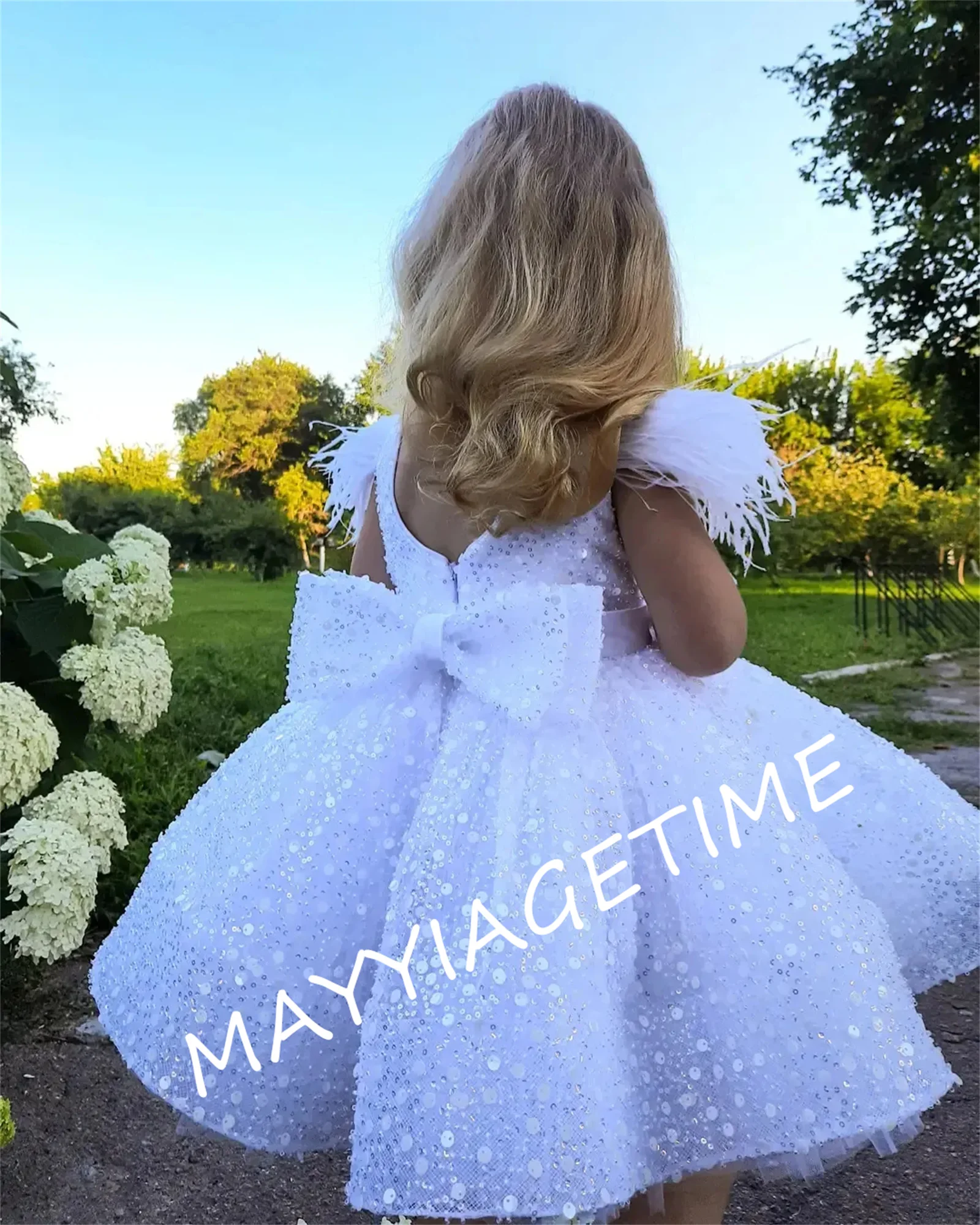 

First Communion Dress for Girls Beads Feather with Bow Sparkly Glitter Evening Party Fluffy Skirt Ball Gown Tutu Kid